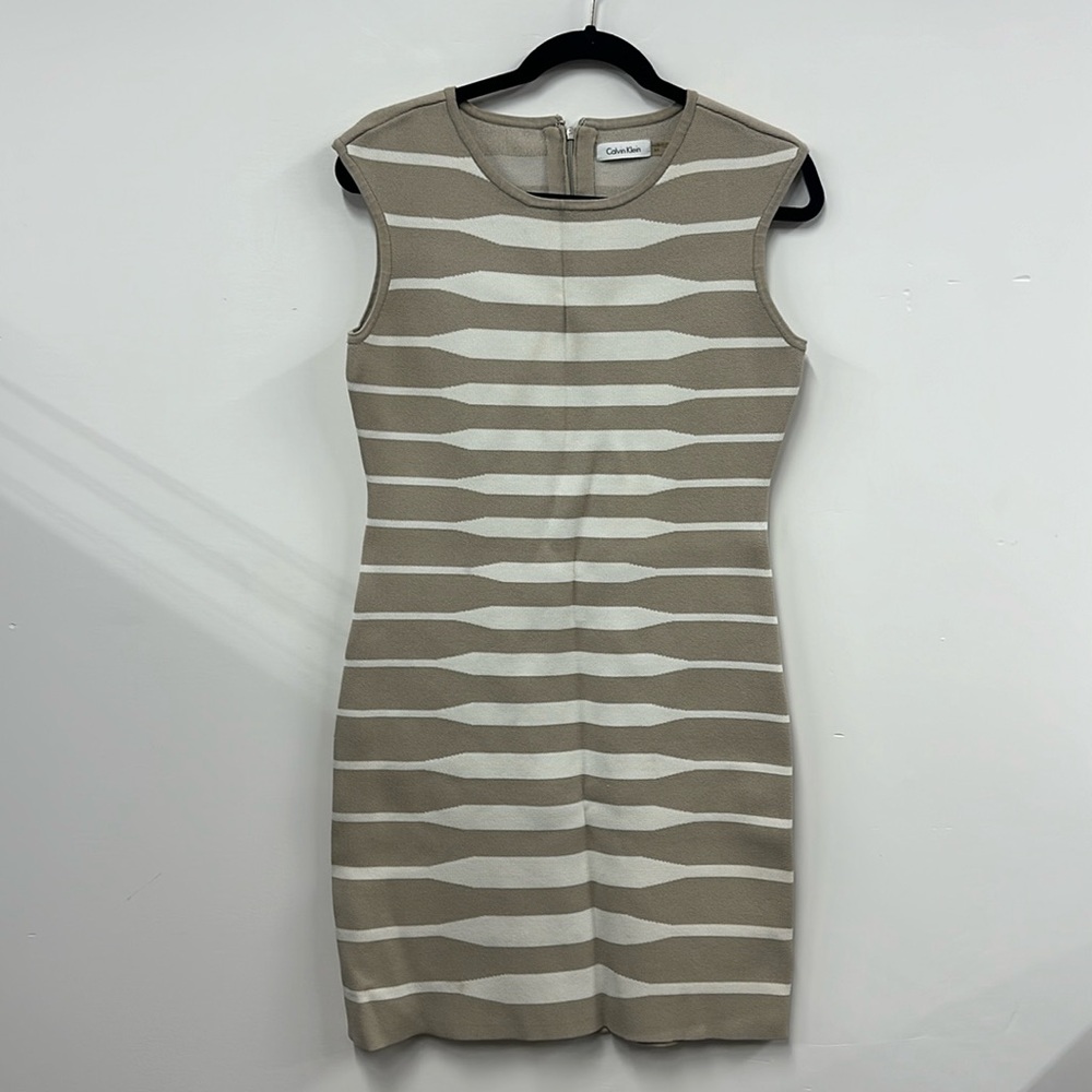 Calvin Klein body con knit cream tan stripe dress M